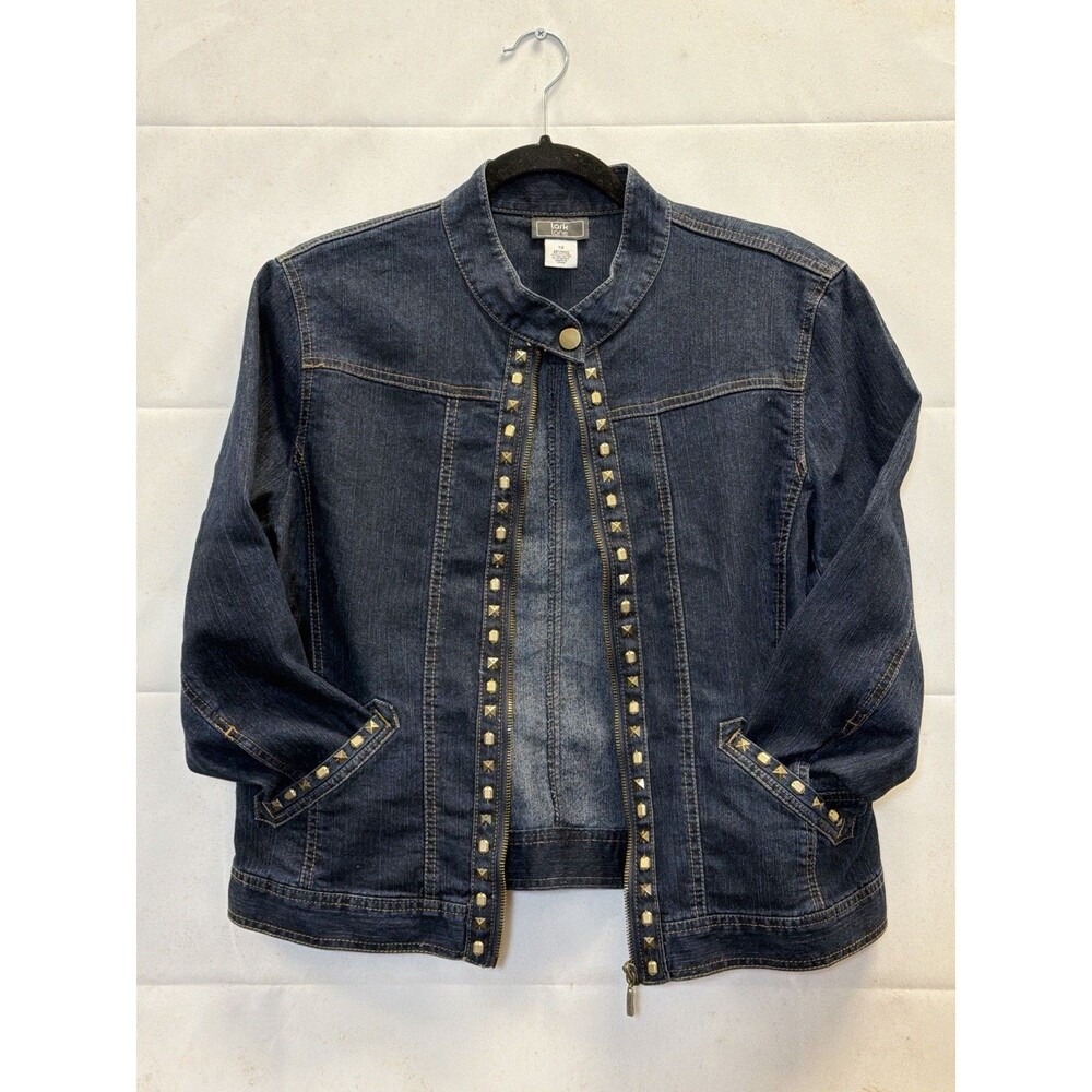Lark Lane Women’s Studded Denim Jacket Blue Zip Front Size 12 Ramie Cotton